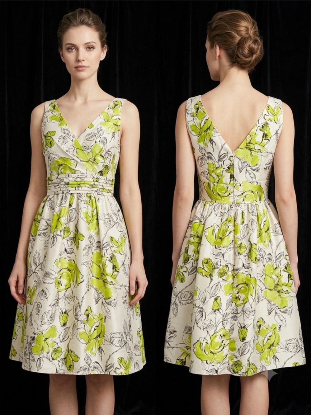 Floral V-Neck Midi Dress in Lime and Cream
